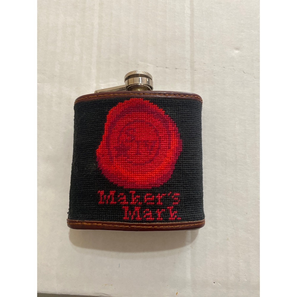 Smathers & Branson Makers Mark Needlepoint Flask Leather Stainless Steel 6oz